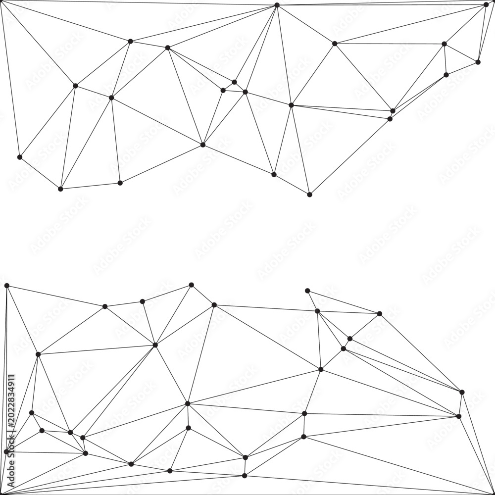 Fototapeta premium Polygonal mesh network illustration with black lines and dots forming unique geometric structures.