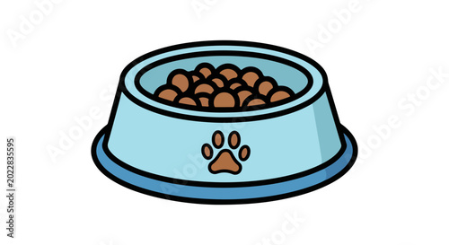 A style illustration of a blue dog bowl filled with brown kibble