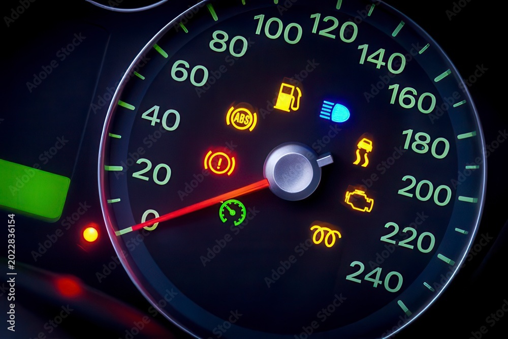 Fototapeta premium Car dashboard with warning lights illuminated