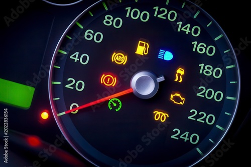 Car dashboard with warning lights illuminated