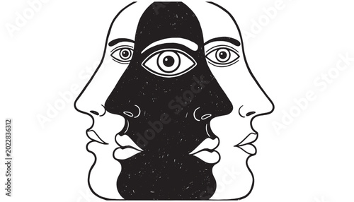 Canvas Print Face multiple profiles with one eye and abstract expressionist style featuring a