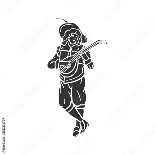 Tableau sur toile Medieval troubadour bard singing and playing lute music doodle icon vector graph