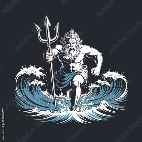 Tableau sur toile Poseidon with trident in hand standing.