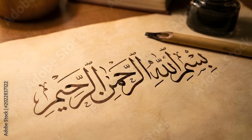 Handwritten Arabic Calligraphy of Islamic Phrase with Ink Pen on Paper