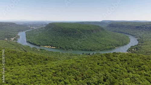 Wide Aerial Drone View of Tennessee River Gorge Meander with Flanking Ridgelines at Snooper's Rock Tennessee