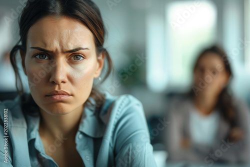 Angry, annoyed and irritated office employee experiencing workplace stress and dissatisfaction in modern office