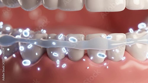 Close-Up 3D Animation of Healthy Teeth and Gums with Bacteria and Water, Illustrating Oral Hygiene and Dental Care Concepts