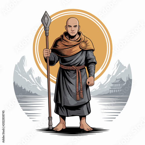 Canvastavla Bald man in monk robes standing.