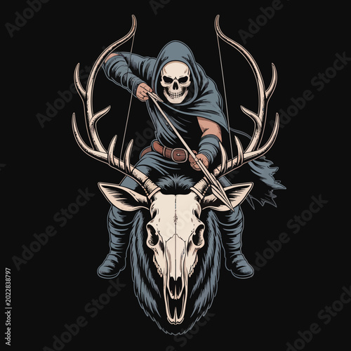 Fotografía Hooded skeleton riding deer skull beast.