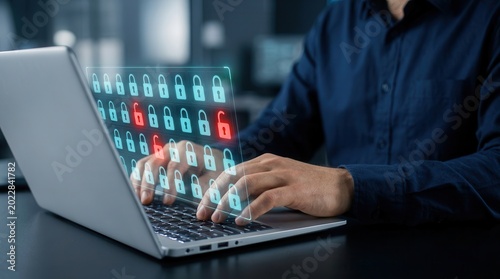 A professional performing security vulnerability assessment and network monitoring on a laptop.