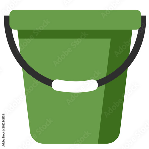 Green plastic bucket with black handle for beach or garden use.