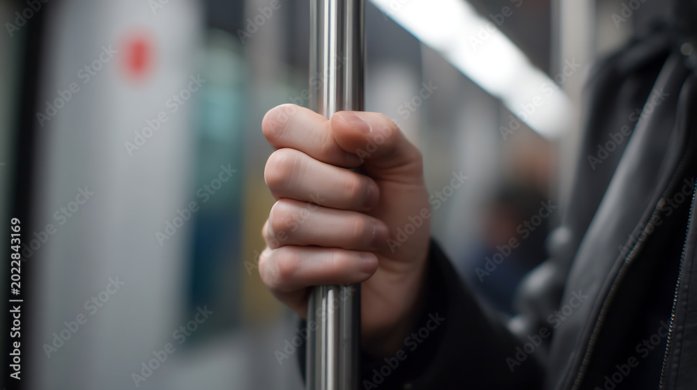 Obraz premium Commuter's hand firmly grips a silver pole inside train car, supporting balance during public transport travel, focus on passenger safety