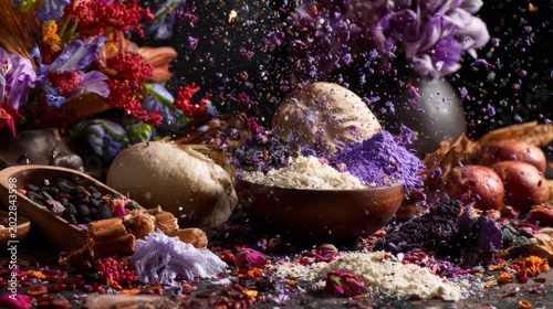 Explosive colorful spice composition with flowers and powders