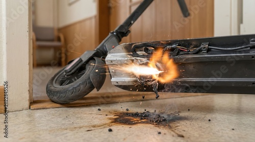 Electric scooter lithium ion battery combusting indoors, sparks and flames from thermal runaway showing severe fire and property risk in residential settings, emergency hazard