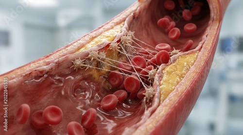 Artery cross section showing plaque buildup on the vessel wall, attracting platelets and red blood cells forming a blood clot, restricting blood flow and causing health risks