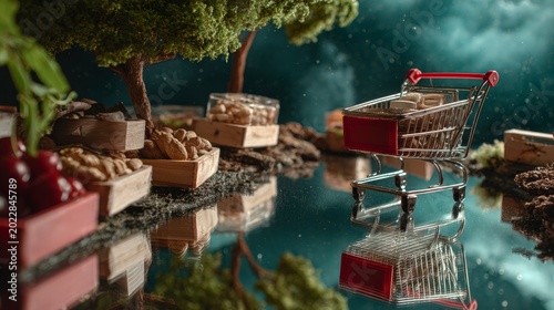 Miniature Shopping Cart in Fantasy Nature Landscape