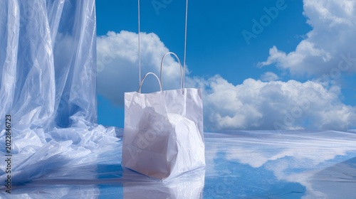 White Shopping Bag in Surreal Cloud Landscape