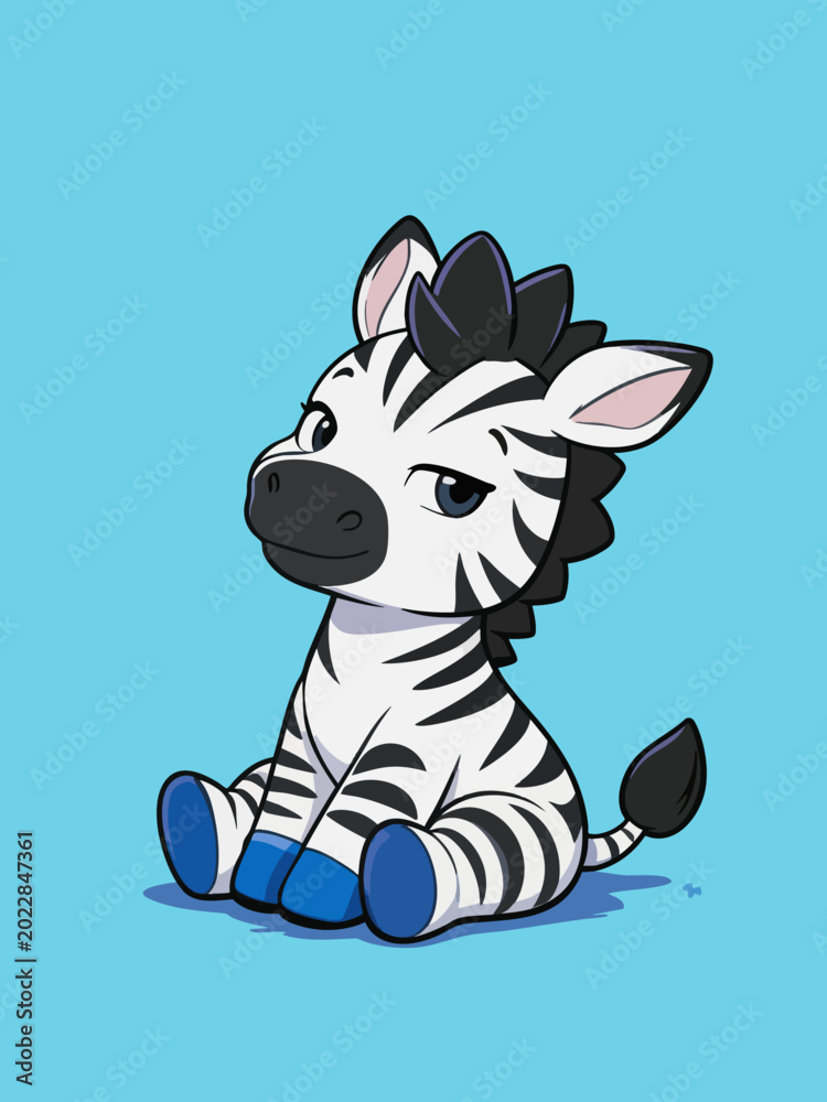 Obraz premium A stylized chibi cartoon baby zebra sitting alone on a solid light blue background, with polished clean line art and cute playful expression.