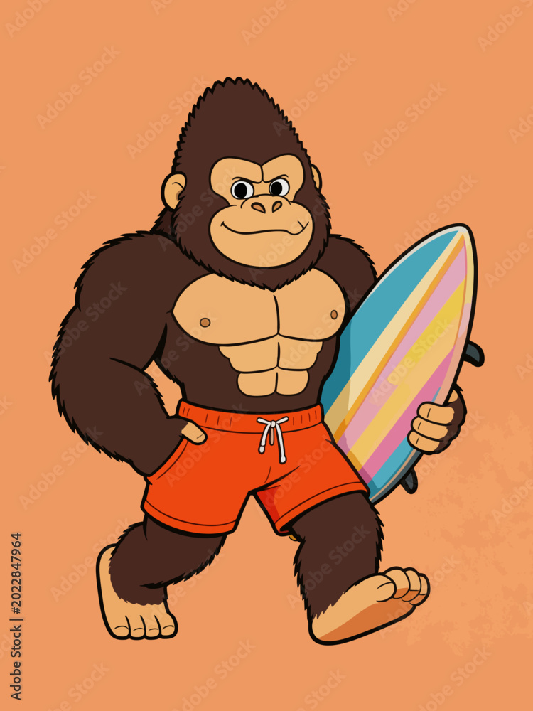 Obraz premium A cartoon illustration of a muscular anthropomorphic gorilla wearing red swim trunks, carrying a striped surfboard while walking in summer beach style.
