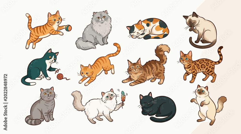 Fototapeta premium A delightful collection of twelve charming cartoon cats, showcasing a diverse range of breeds and playful personalities, perfect for pet-themed designs and feline enthusiasts