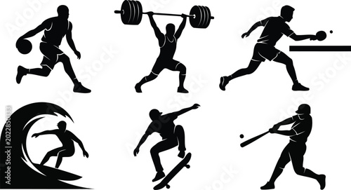 Photography Athlete Silhouettes Set Featuring Basketball Weightlifting Table Tennis Surfing