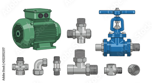 A green industrial electric motor and a blue gate valve are displayed alongside various metal pipe fittings on a plain white background in a flat digital style.