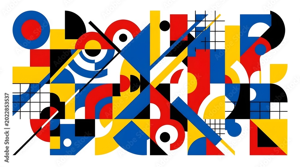 Obraz premium Vibrant abstract composition featuring an array of geometric forms in primary colors and black and white, creating a dynamic modern art pattern