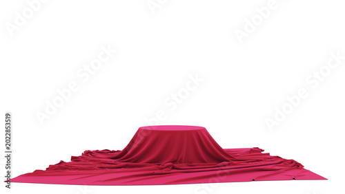 Foto Fuchsia Silk Cloth Draped Round Pedestal — Wide Front View Isolated on White Bac