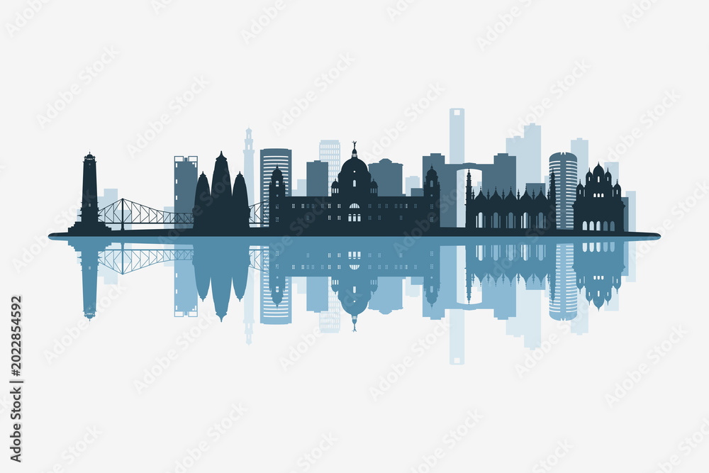 Obraz premium Kolkata, India skyline silhouette with modern landmarks reflection on white background in minimalist style.