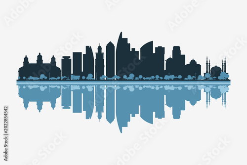 Canvastavla Johor Bahru, Malaysia skyline silhouette with modern landmarks reflection on white background in minimalist style