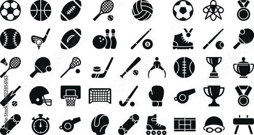 Bild auf Leinwand Sports Equipment Icons Set with Balls Fitness Trophy and Athletic Game Symbols