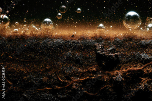 Peat swamp forest cutaway macro of dark waterlogged soil and acidic water with grit, root, decaying organic matter, and air bubble under natural light