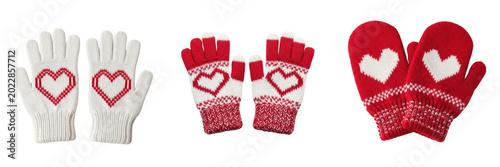 Fotografie Pair Of Cute Red Winter Knit Mittens Gloves Isolated On Transparent Background,