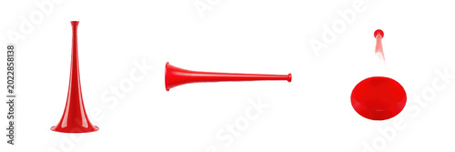 Schilderij op canvas Long Red Plastic Stadium Horn Trumpet Isolated On Transparent Background, Sports
