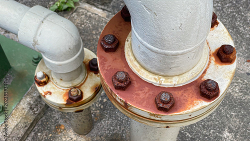 Quadro su tela Close up of stud bolt and nut connect two pipe flanges in an industrial plant, s