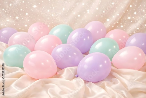 Pastel pink, purple and green balloons on silky beige bokeh background 