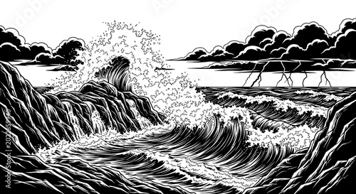 Dramatic black and white illustration of a stormy sea with huge waves crashing against rugged cliffs under a lightning-filled sky