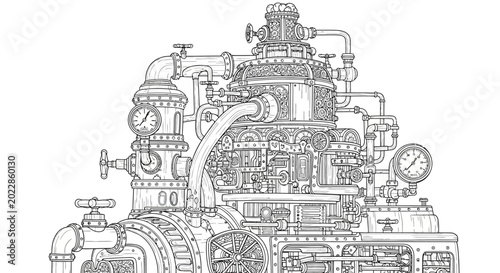 Intricate steampunk machinery illustration with pipes valves and gauges in monochrome
