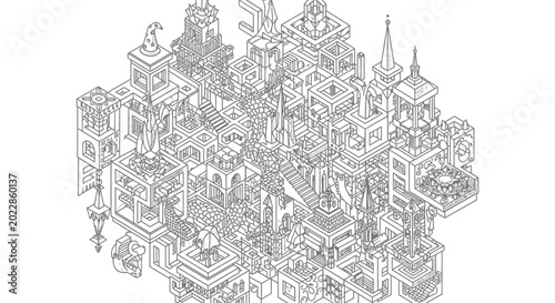 Isometric illustration of a complex cityscape with geometric architectural structures