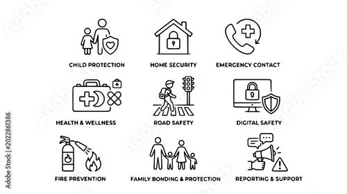 Bild auf Leinwand Set of 9 Icons: Protection, Safety, Security, Health, Family, Home, Digital, Eme