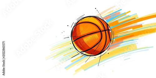 Energetic sketch of a basketball with dribbling lines and a swoosh,  sports equipment,  clean