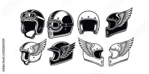 Foto Collection of stylized motorcycle helmets with wings and goggles, presented in a