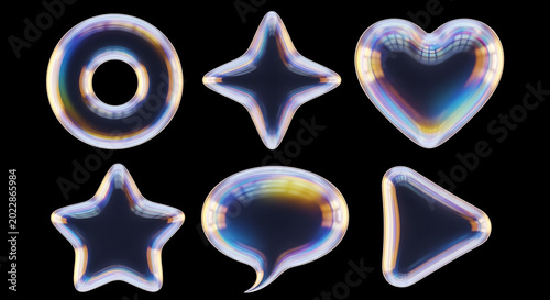 Set of iridescent holographic soap bubble shapes on black background with iridescent holographic abstract triangle translucent reflective colorful floating background
