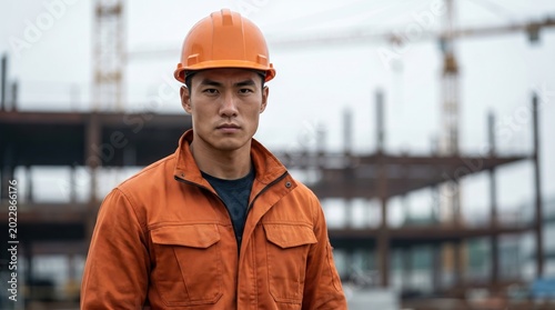 Asian construction engineer wearing safety hard hat at building site