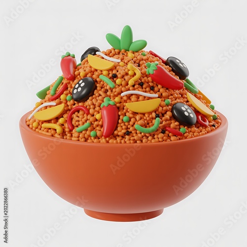 3d Cartoonish Spicy Fried Rice Bowl Plate isolated on white background