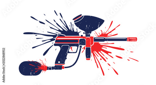 Schilderij op canvas Paintball Gun Splatter Red Blue Splash White Background