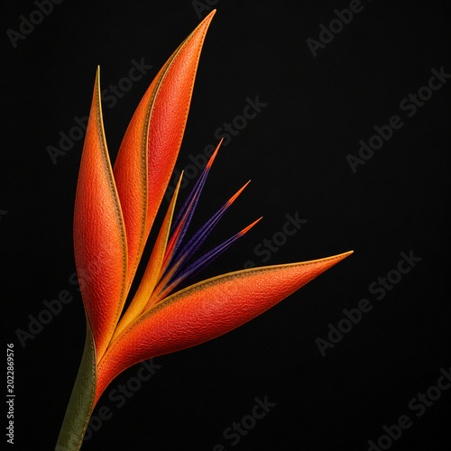 Horizontal close up 3D of an exotic bird of paradise flower (strelitzia regina) with tough leathery texture on black background