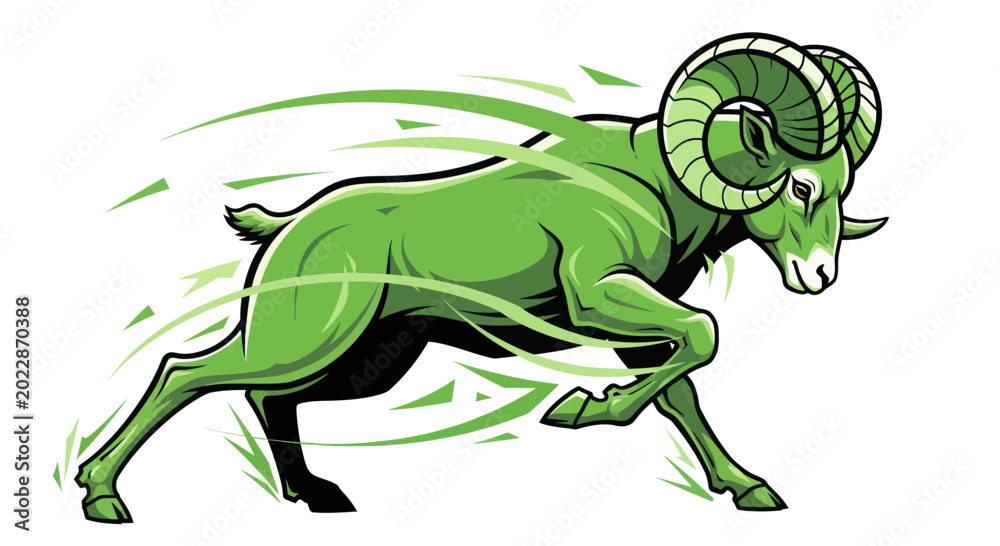 Fototapeta premium Green Ram Running Fast, Dynamic Motion Lines, White Background