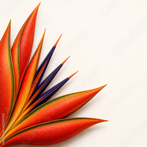 Horizontal close up 3D of an exotic bird of paradise flower (strelitzia regina) with tough leathery texture 