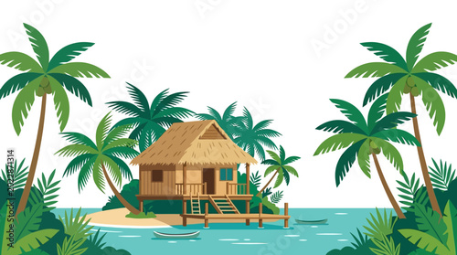 Tableau sur toile A tropical wooden bungalow on stilts over water.